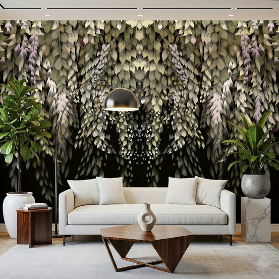 Moody floral mural with layered wisteria leaves and soft lilac, GD7519