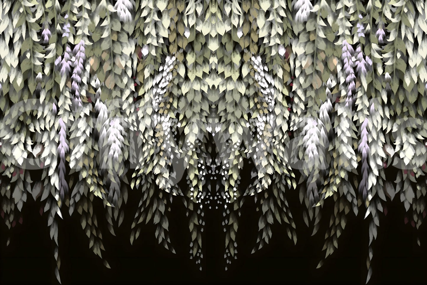 Corner light emphasizing the airy Wisteria Cascade print.