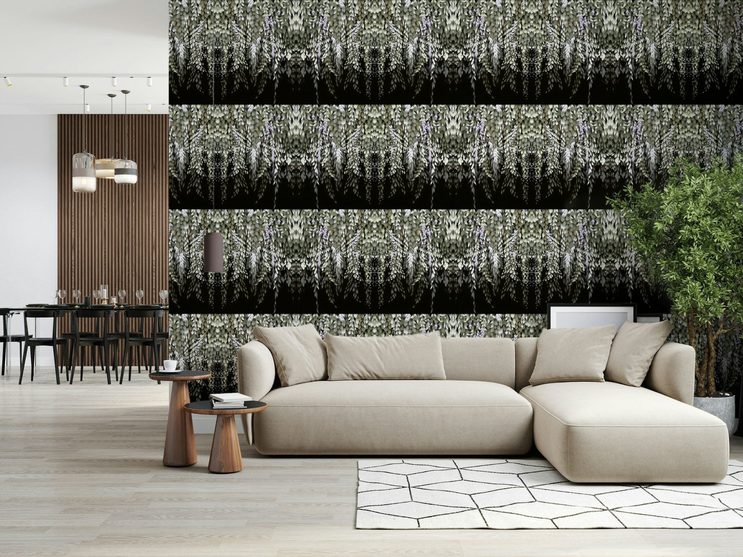 Artistic floral arrangement of the Wisteria Cascade wallpaper mural.