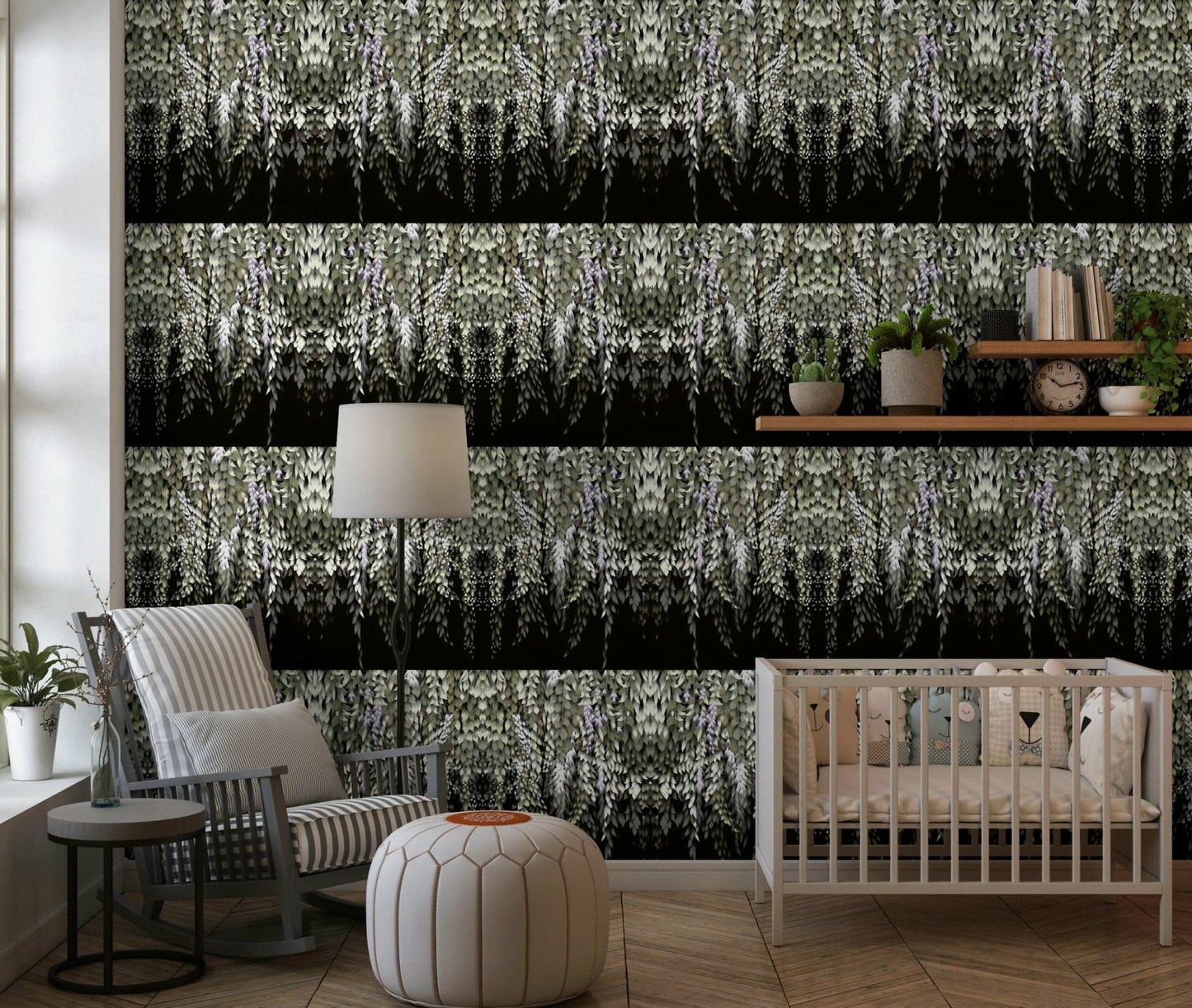 Bedroom accent wall featuring the purple Wisteria Cascade blooms.