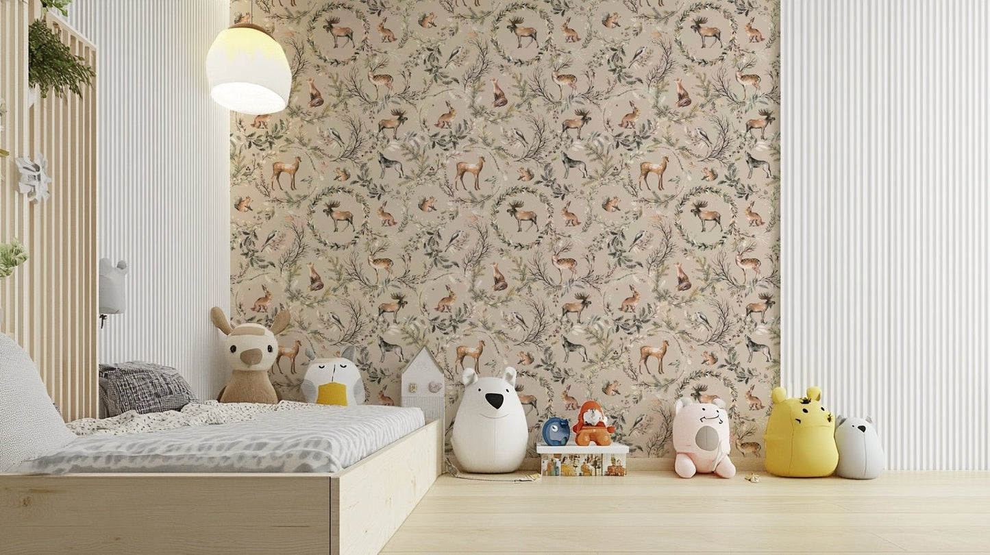 Squirrel, deer, and fox wallpaper for nature-inspired rooms.


