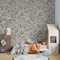 Woodland-inspired wallpaper with deer and fox designs.

