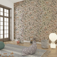 Woodland animals wallpaper featuring deer and foxes.

