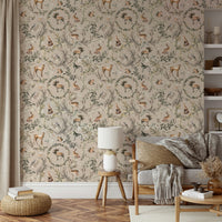 Beautiful woodland animals in serene wallpaper design.

