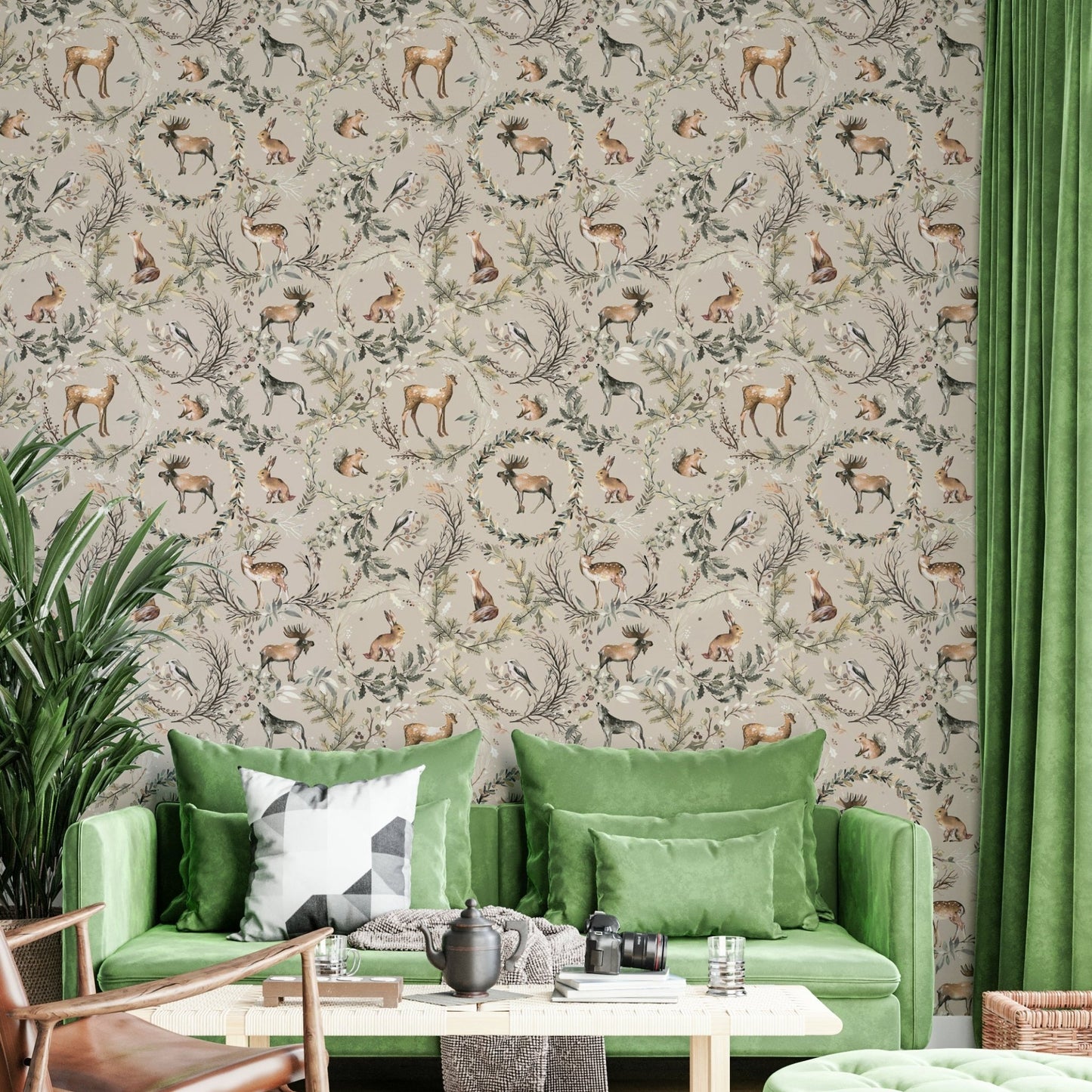 Squirrels, deer, and foxes in woodland wallpaper style.

