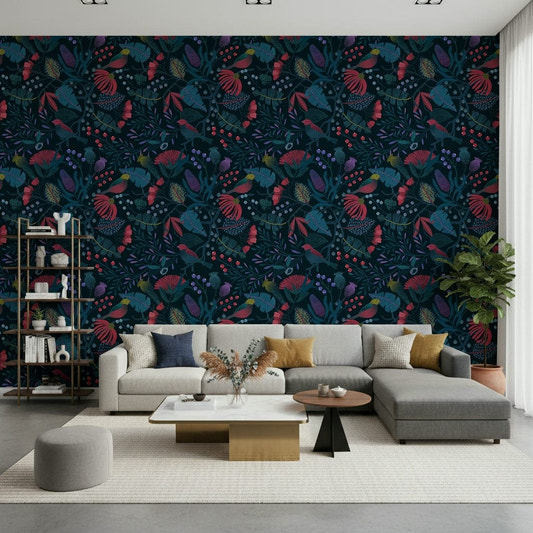 Wonderforest Wallpaper mural featuring pine trees in a misty living room.