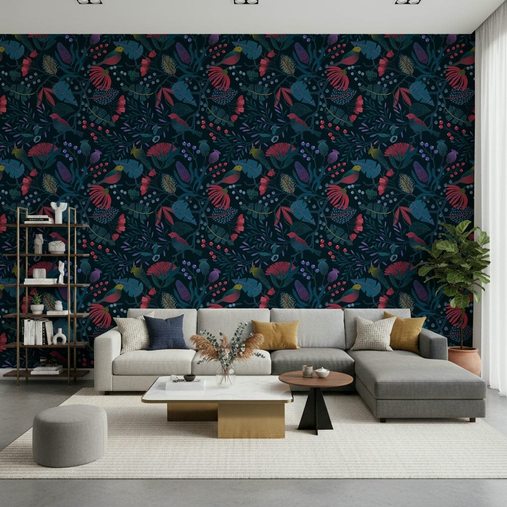 Wonderforest Wallpaper mural featuring pine trees in a misty living room., GD7865