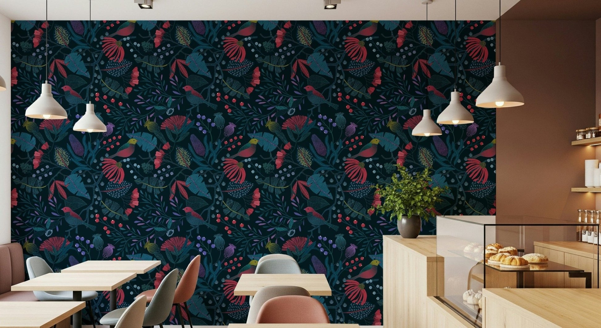 Whimsical tree sketches Wonderforest Wallpaper mural for a flat bedroom.