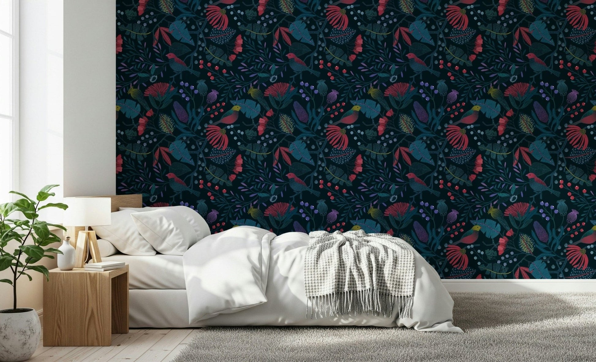 Misty jungle Wonderforest Wallpaper mural in a stylish apartment lounge.