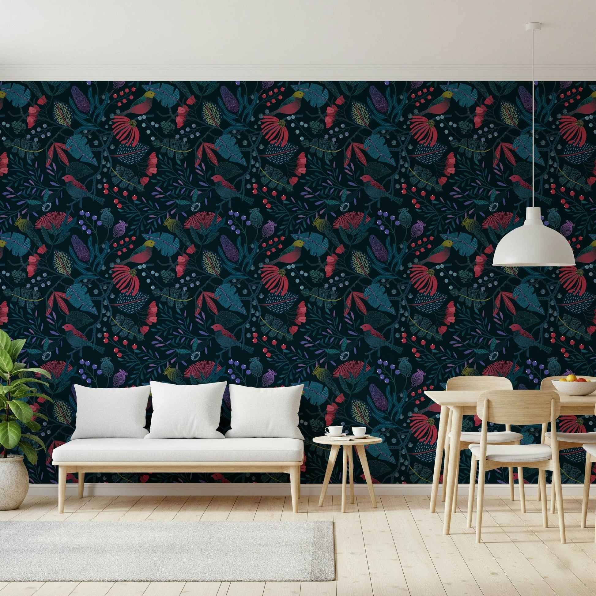 Nature inspired Wonderforest Wallpaper mural with soft green colour tones.