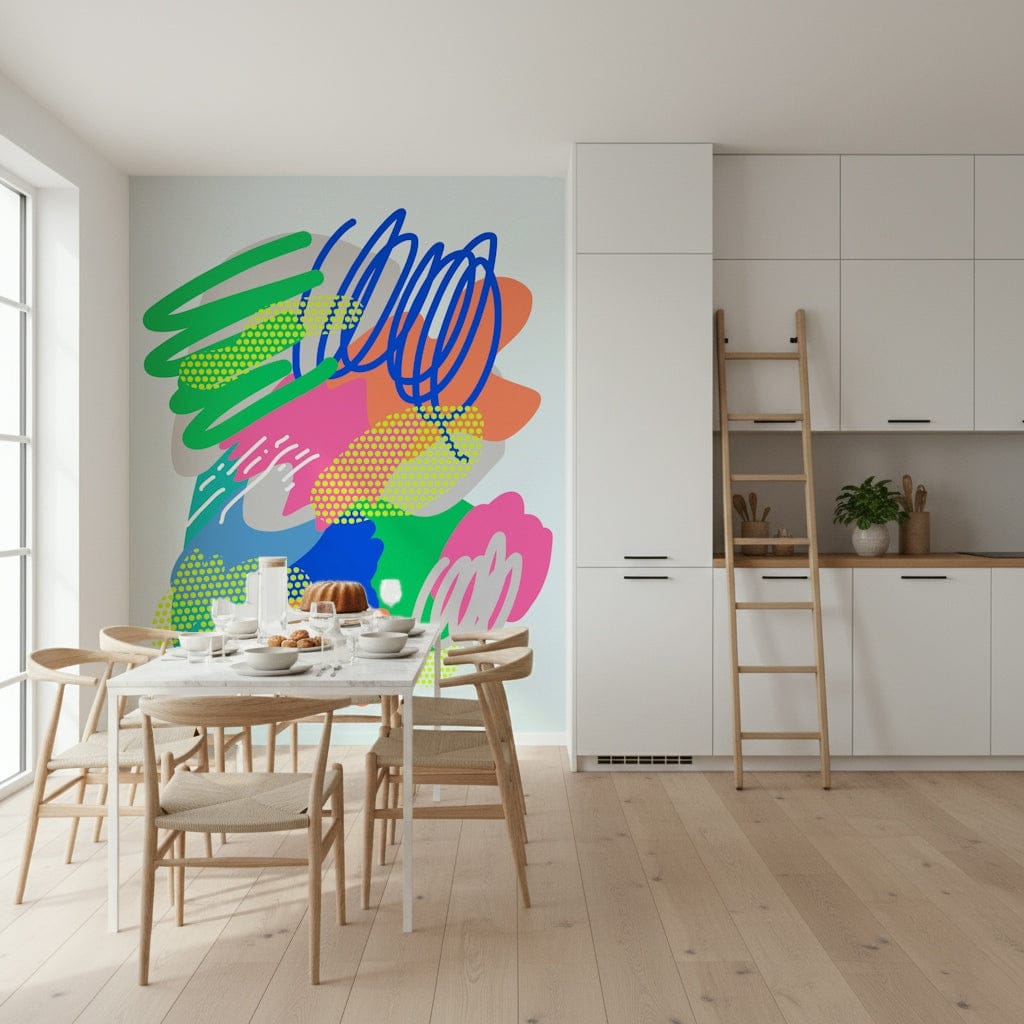 Colorful Wonders wallpaper showcasing vibrant neon green shapes and orange splashes.