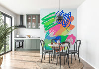 Abstract Wonders wallpaper mural featuring playful blue scribbles and pink blobs.