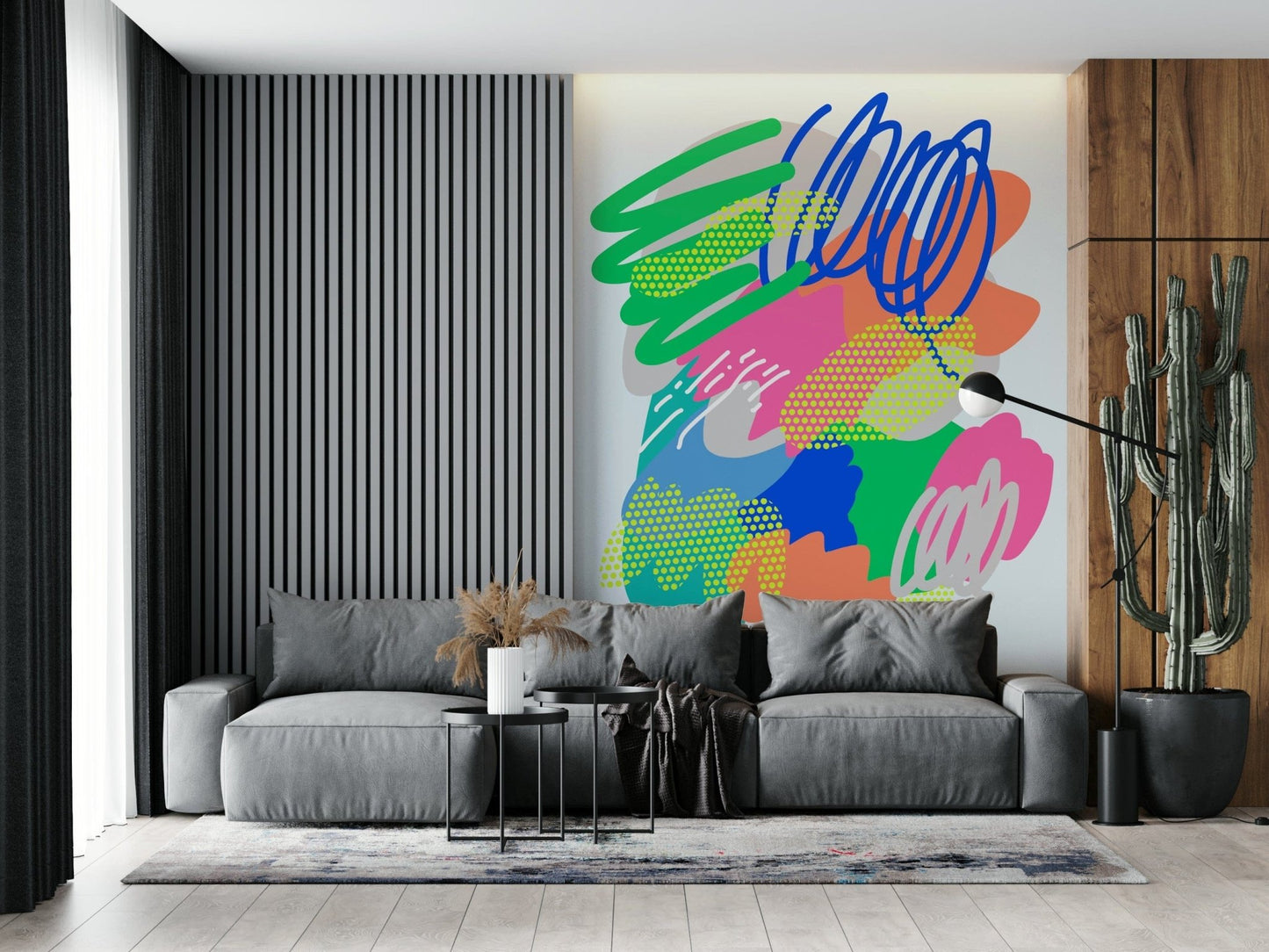 Graphic Wonders wallpaper mural highlighting electric hues and freeform artistic textures.