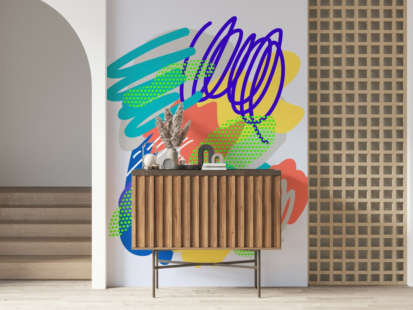 Wonders2 Wall wallpaper featuring vibrant scribble lines, modern graphic design.
