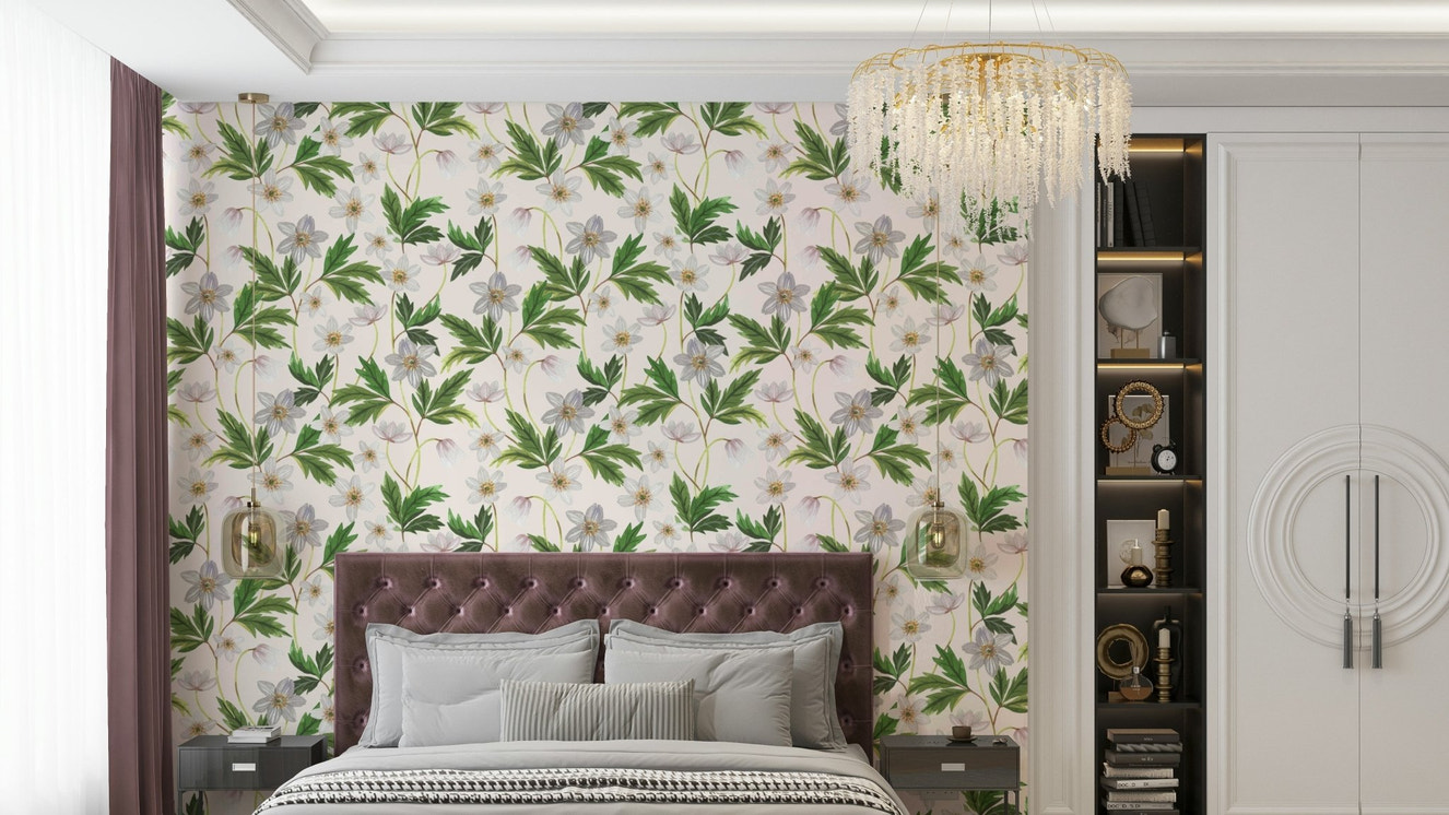 Soft wood anemone design on a white wallpaper backdrop.

