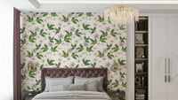 Soft wood anemone design on a white wallpaper backdrop.

