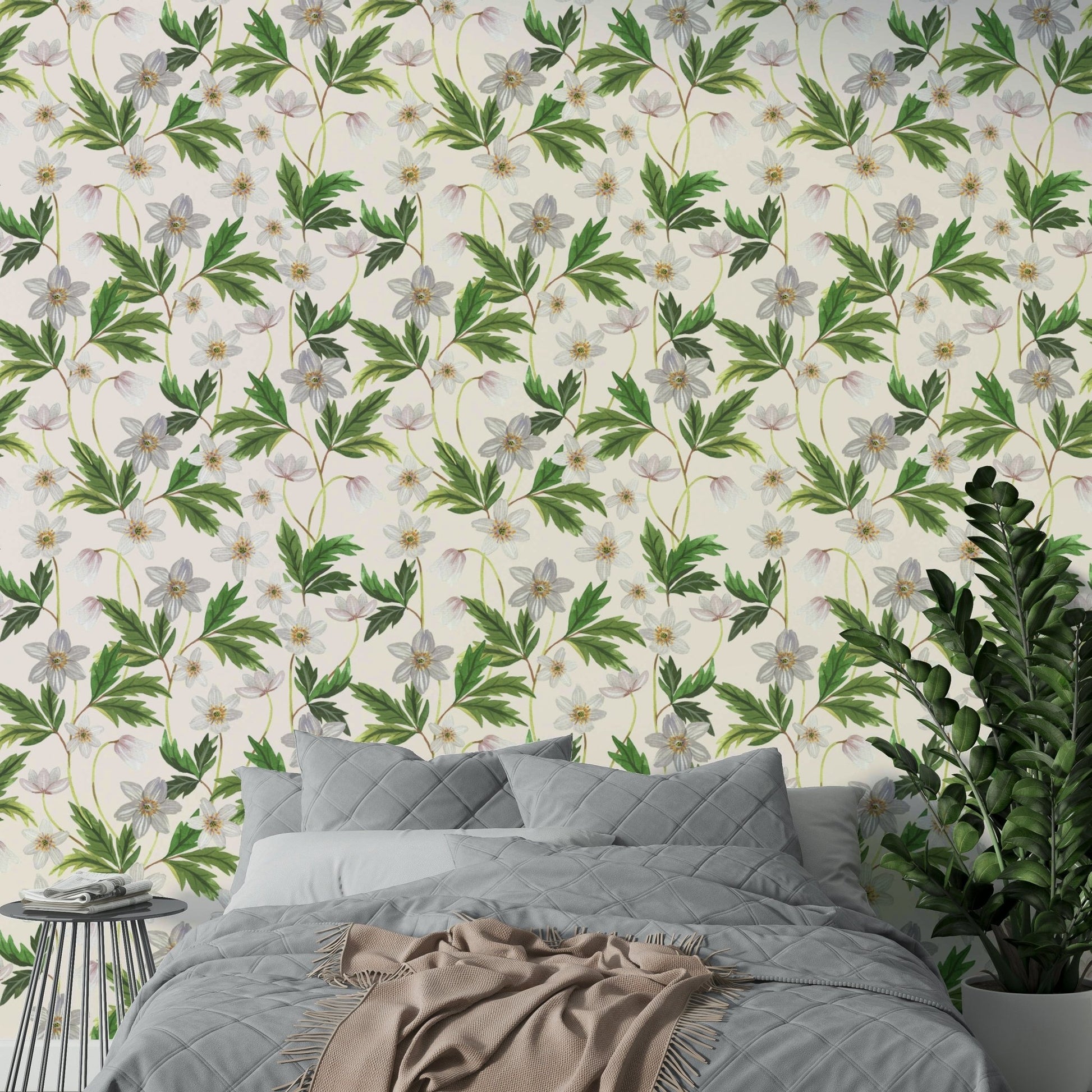 Wood anemone floral wallpaper on white background.

