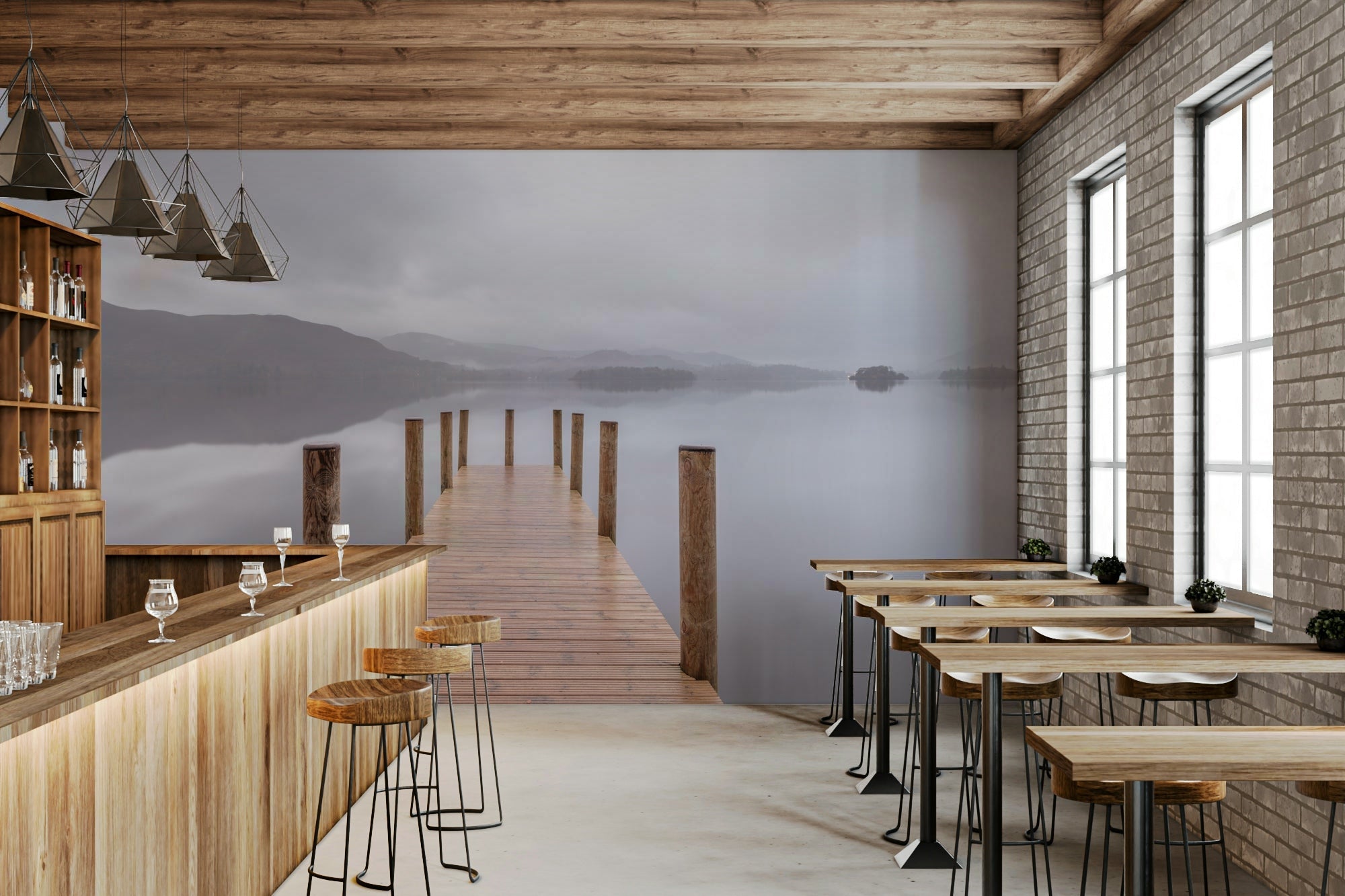 A wall mural of a wooden pier extending into a misty lake. GD3462

