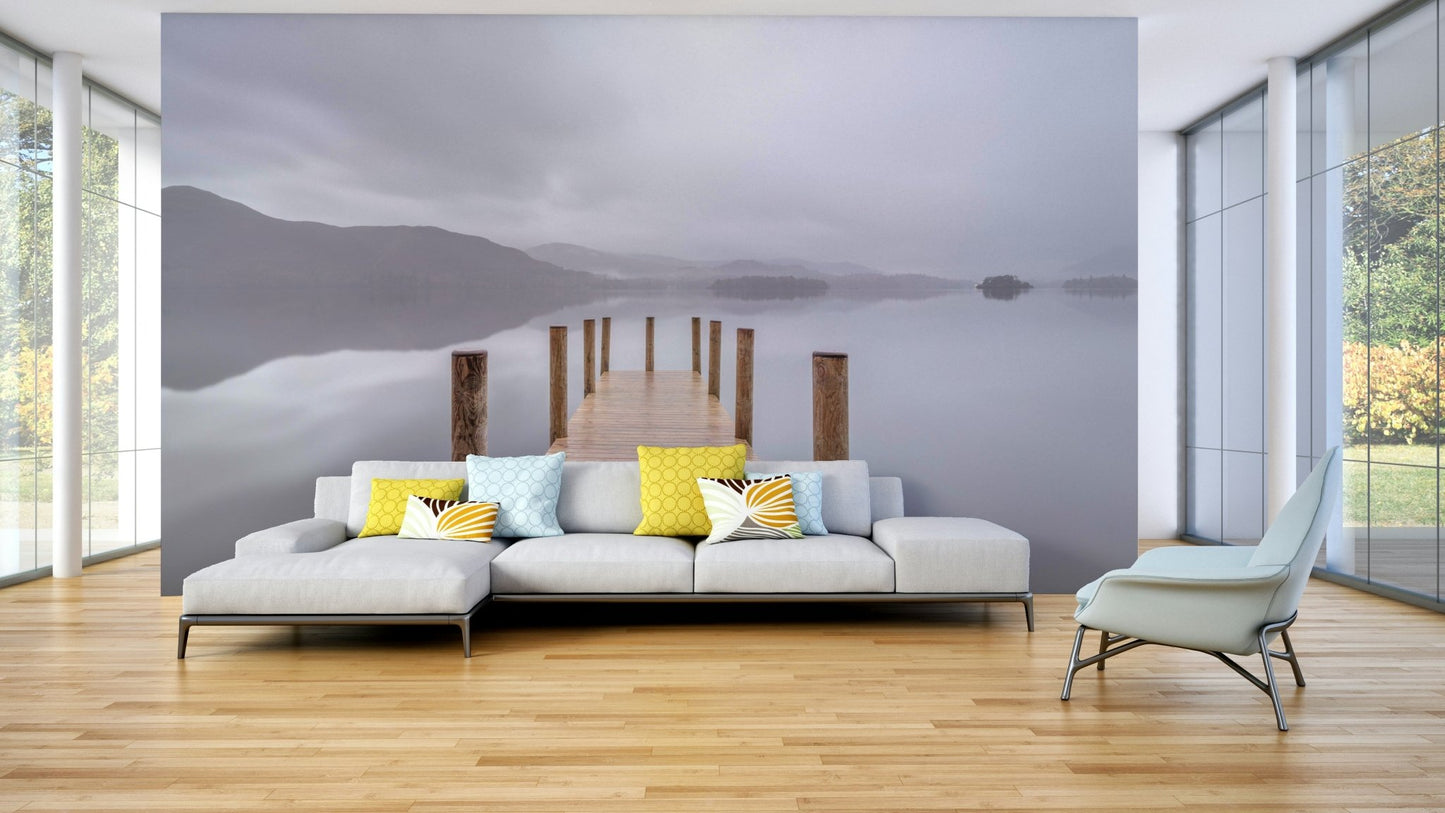 The composition is a wide view of the lake from the pier.

