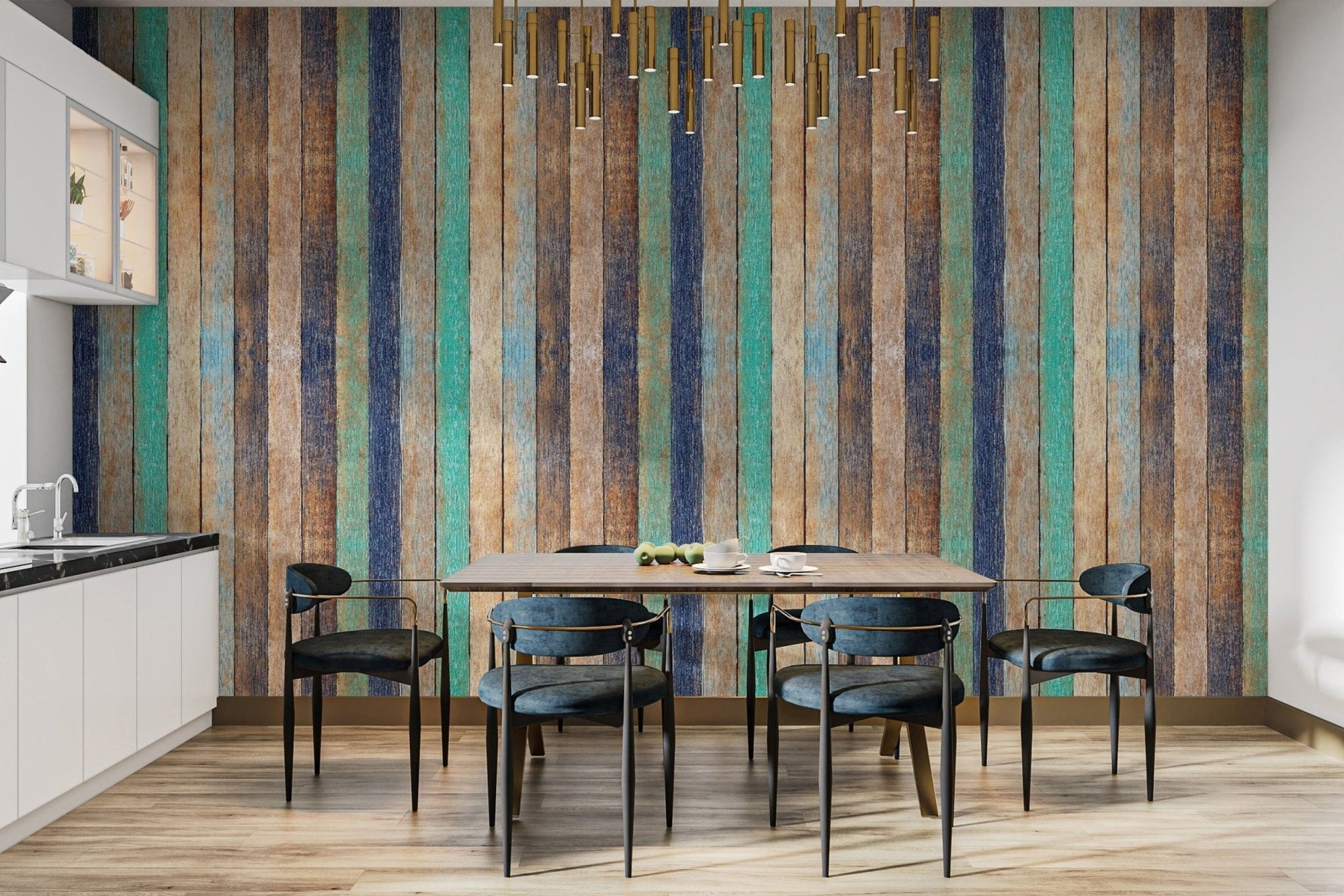 Vertical wooden planks dining area wallpaper with rustic hues wood-06
