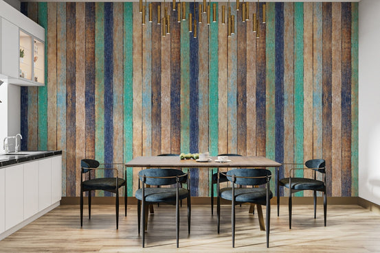 Vertical wooden planks dining area wallpaper with rustic hues wood-06
