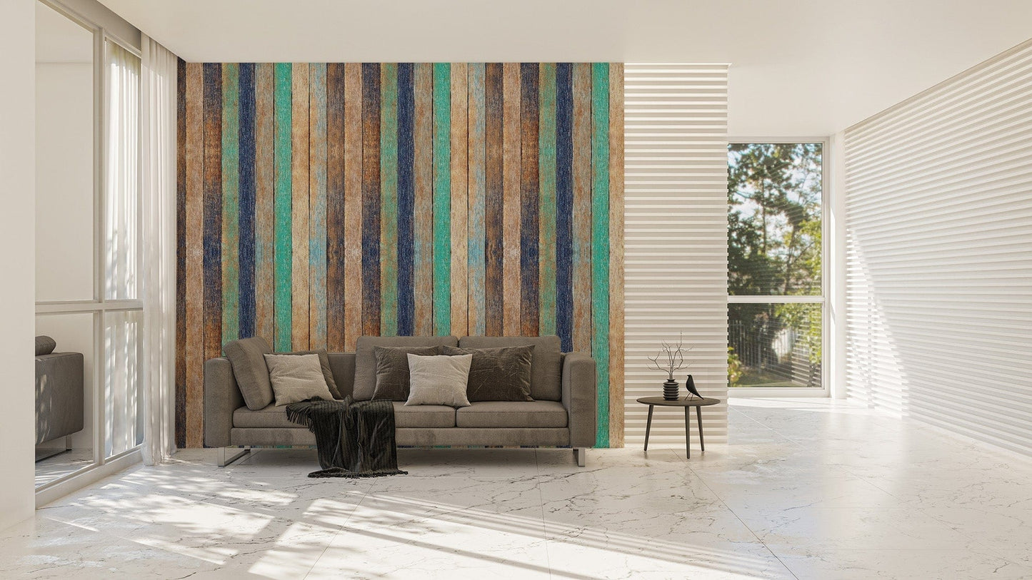 Striped wooden plank mural with earthy tones
