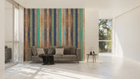 Striped wooden plank mural with earthy tones
