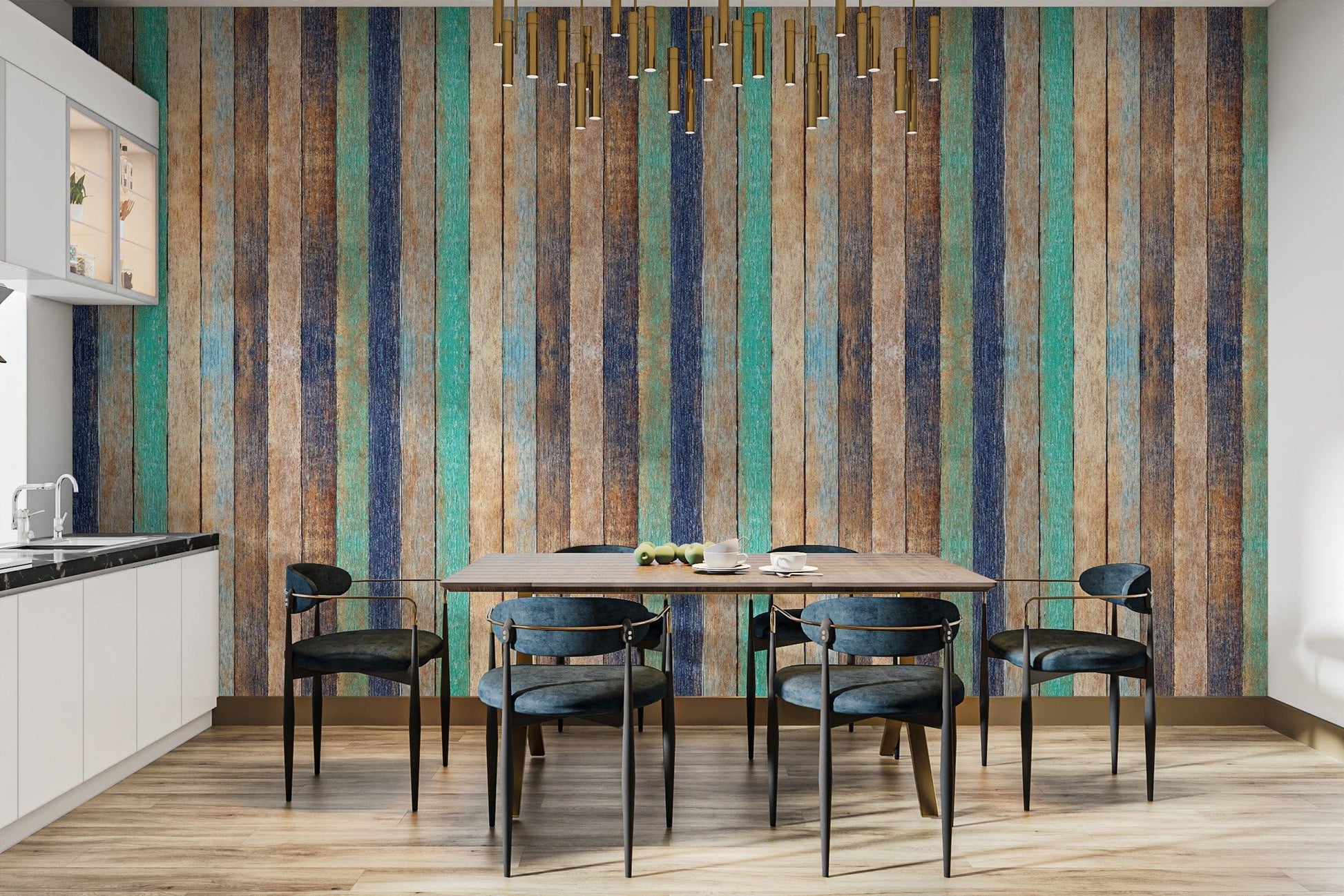 Vertical wooden planks dining area wallpaper with rustic hues
