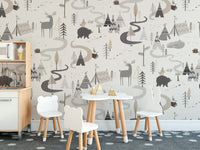 Charming animal pattern wallpaper for woodland-themed kids' decor.