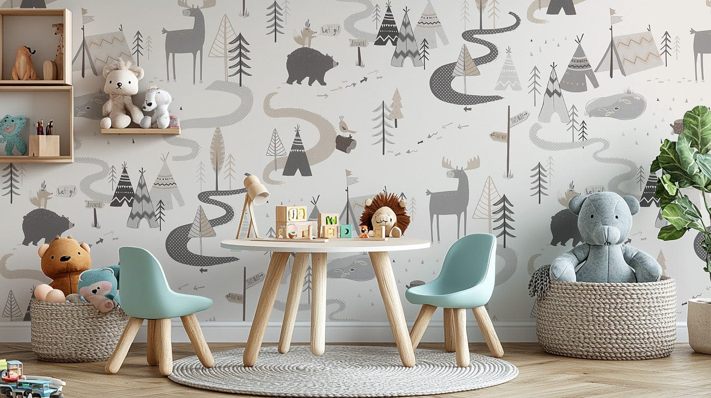 Playful woodland animal pattern wallpaper for children’s spaces., B325