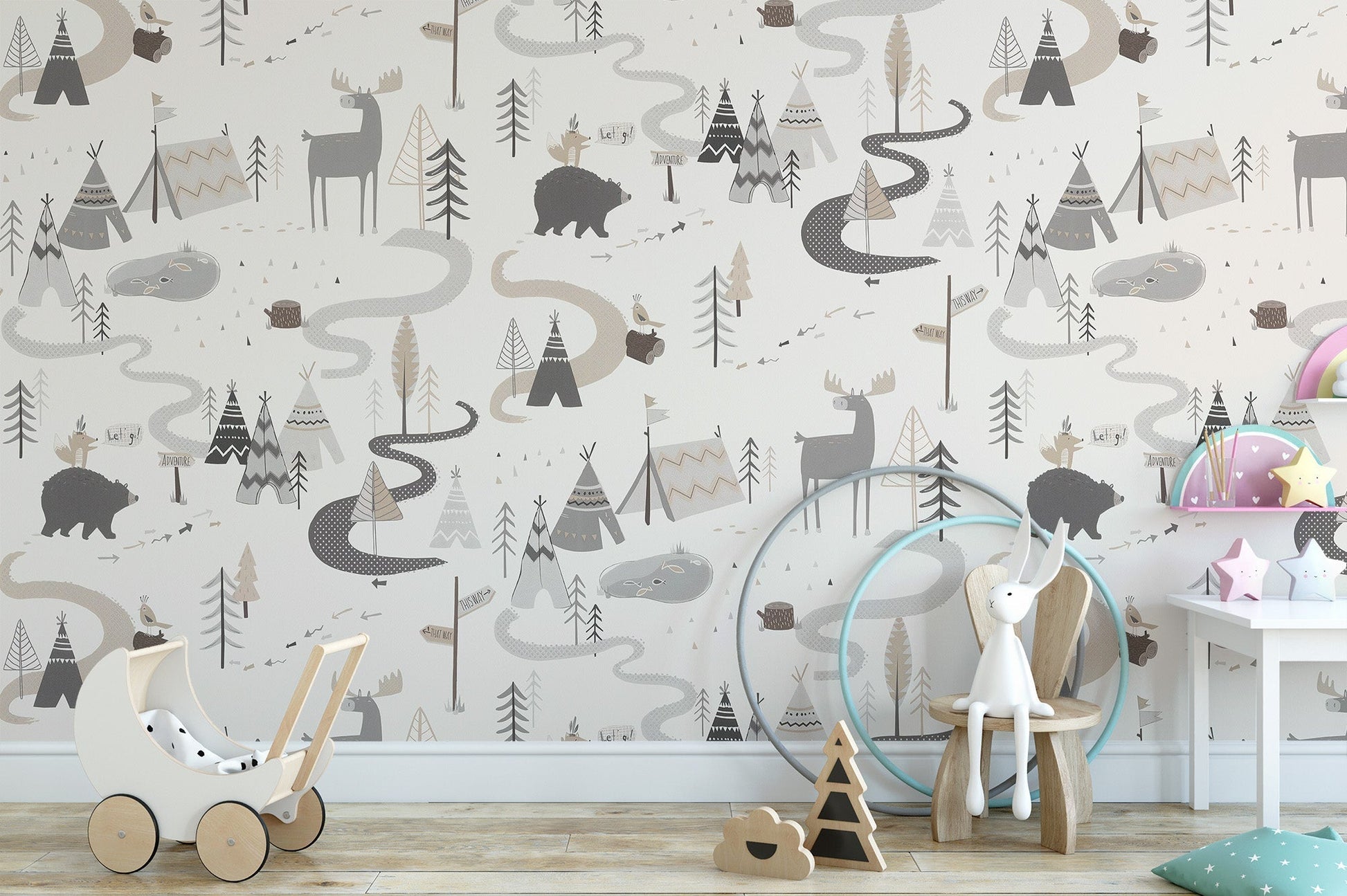 Colorful woodland animal adventure wallpaper for playful decor.