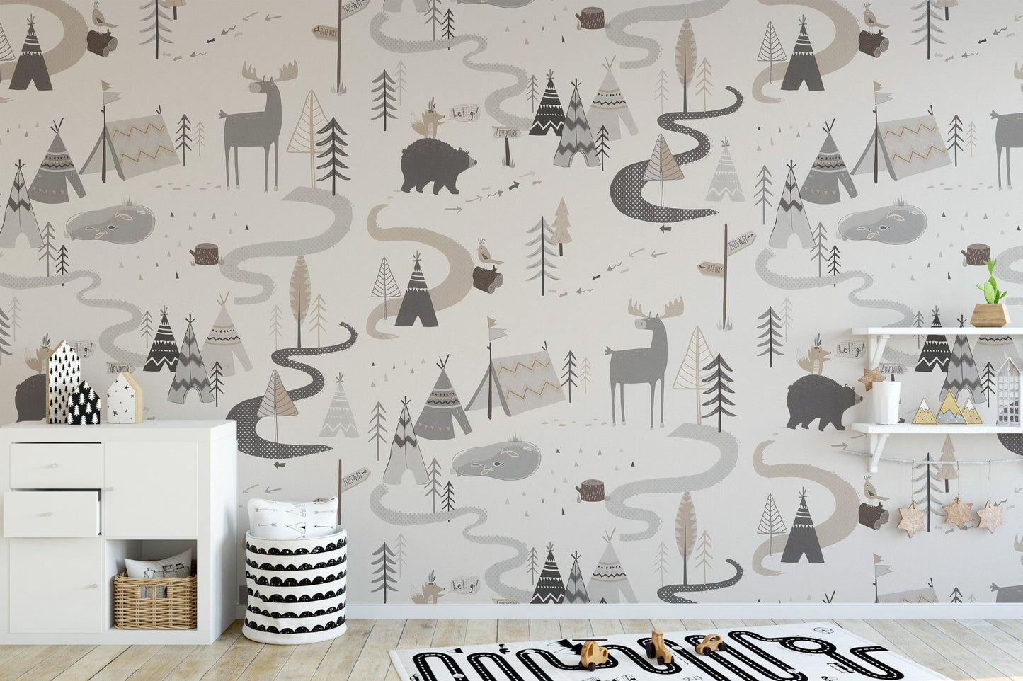 Cute woodland adventure wallpaper with animal patterns for kids.