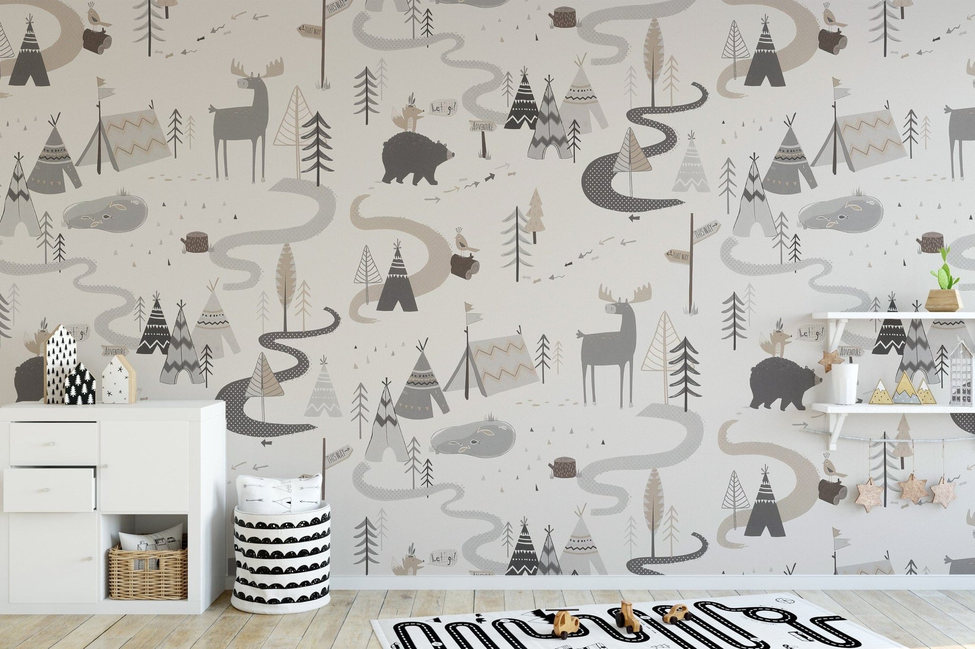 Cute woodland adventure wallpaper with animal patterns for kids.