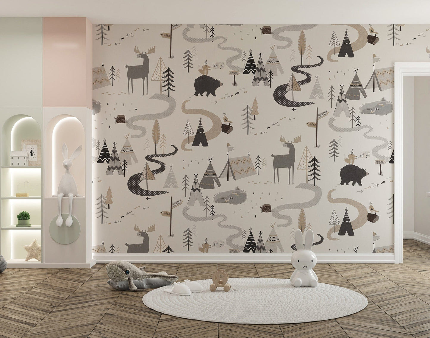 Artistic animal-themed woodland wallpaper for cozy kids' rooms.