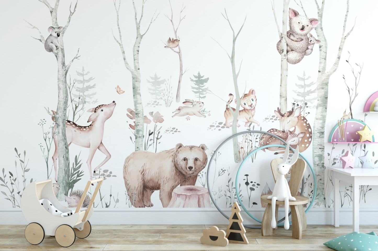 Playful forest animals wallpaper design

