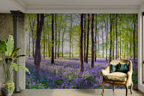 Woodland Bloom Panorama wall mural showing bluebells beneath sunlit green trees GD4998
