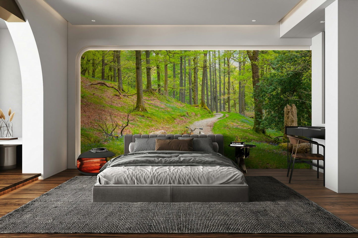 Detailed forest path mural wallpaper bringing nature indoors

