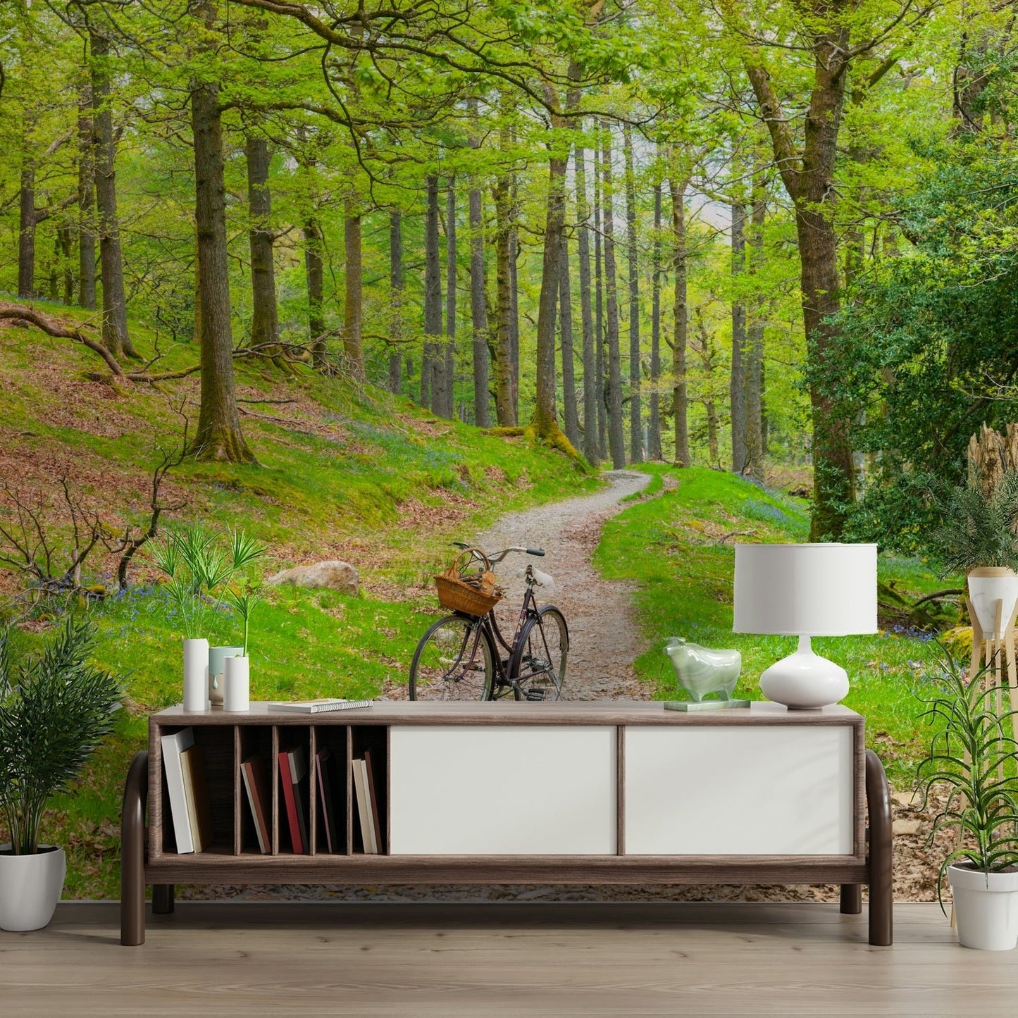Winding cycle path surrounded by lush green trees

