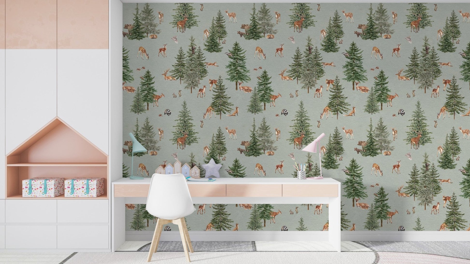 Watercolor deer and trees wallpaper print
