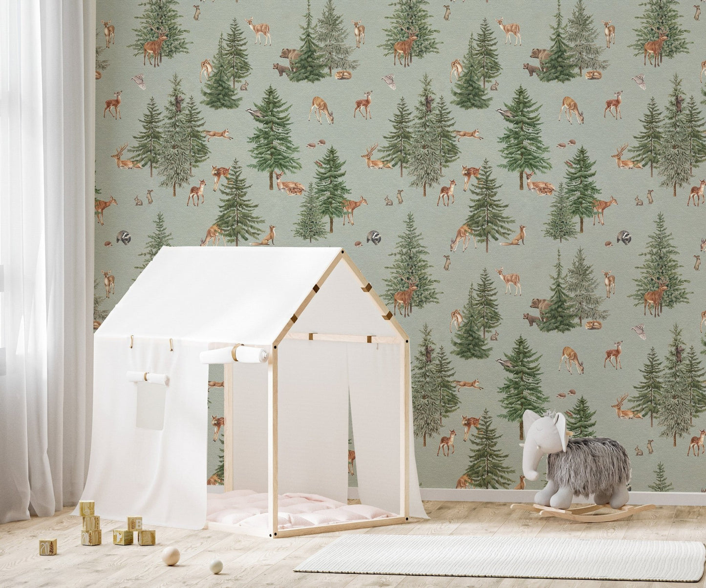 Tranquil woodland scene wallpaper design
