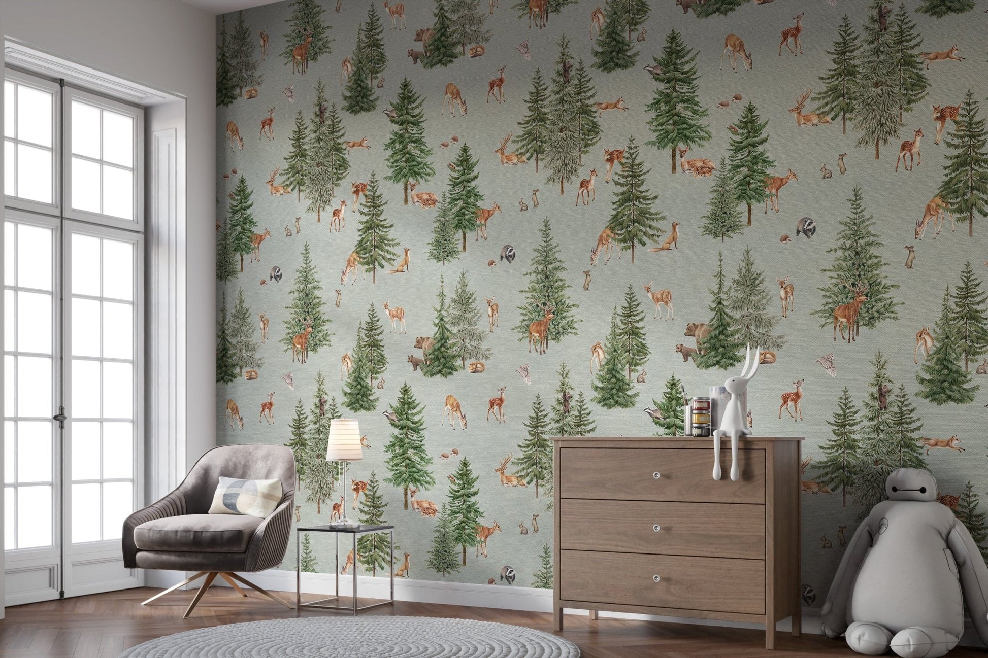 Woodland deer forest nursery wallpaper
