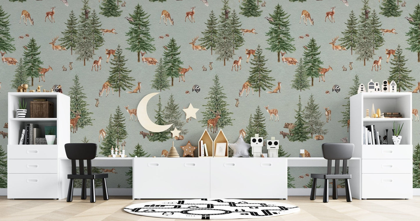 Scenic forest wallpaper with deer pattern
