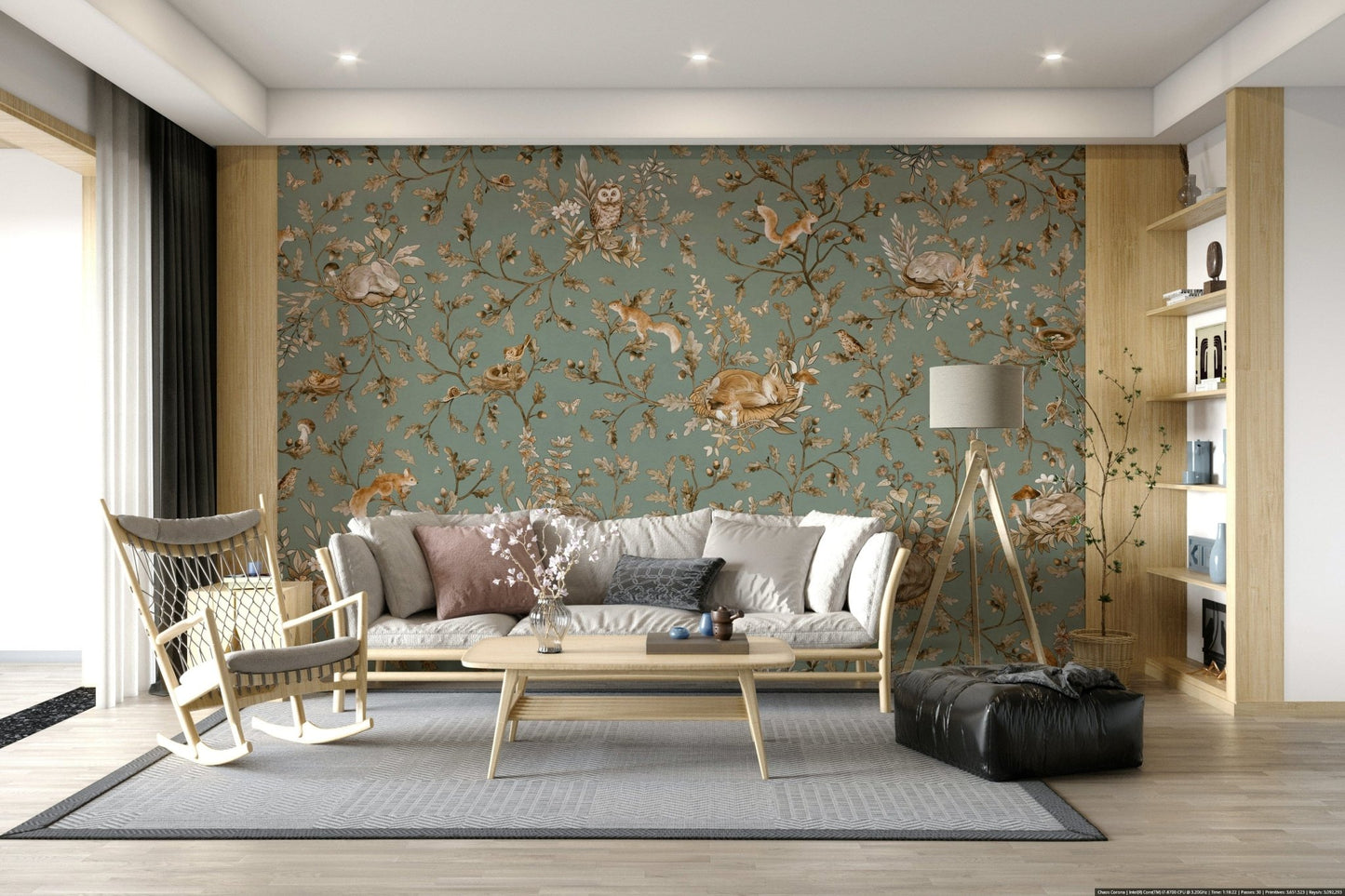 Inspiring soft focus forest artwork Woodland Dreams Wall Mural adorning a restful space.
