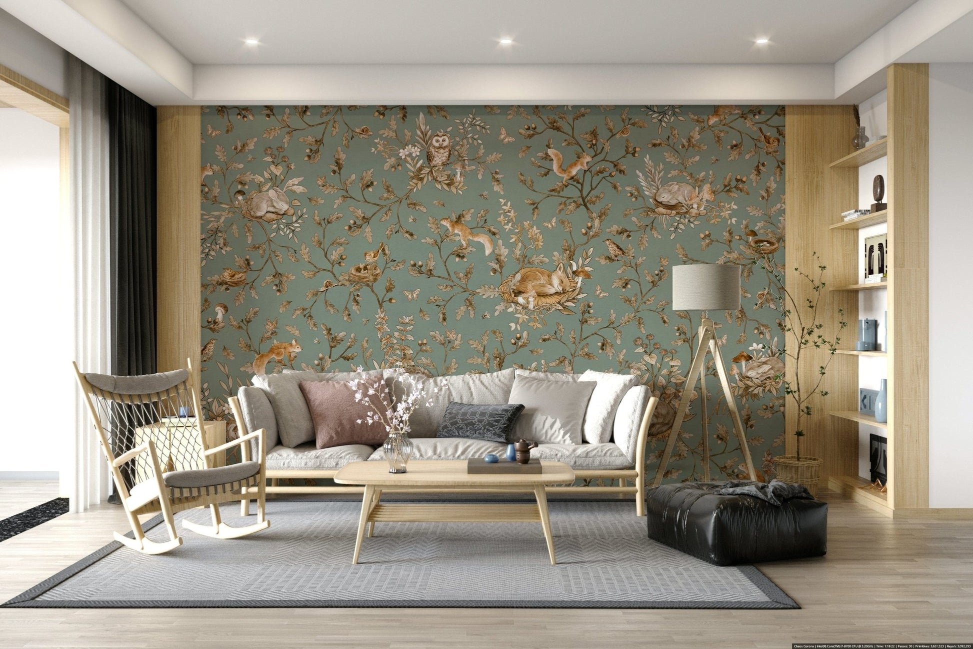 Inspiring soft focus forest artwork Woodland Dreams Wall Mural adorning a restful space.