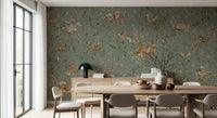 Serene misty woods pattern Woodland Dreams Wall Mural applied in a relaxing study.