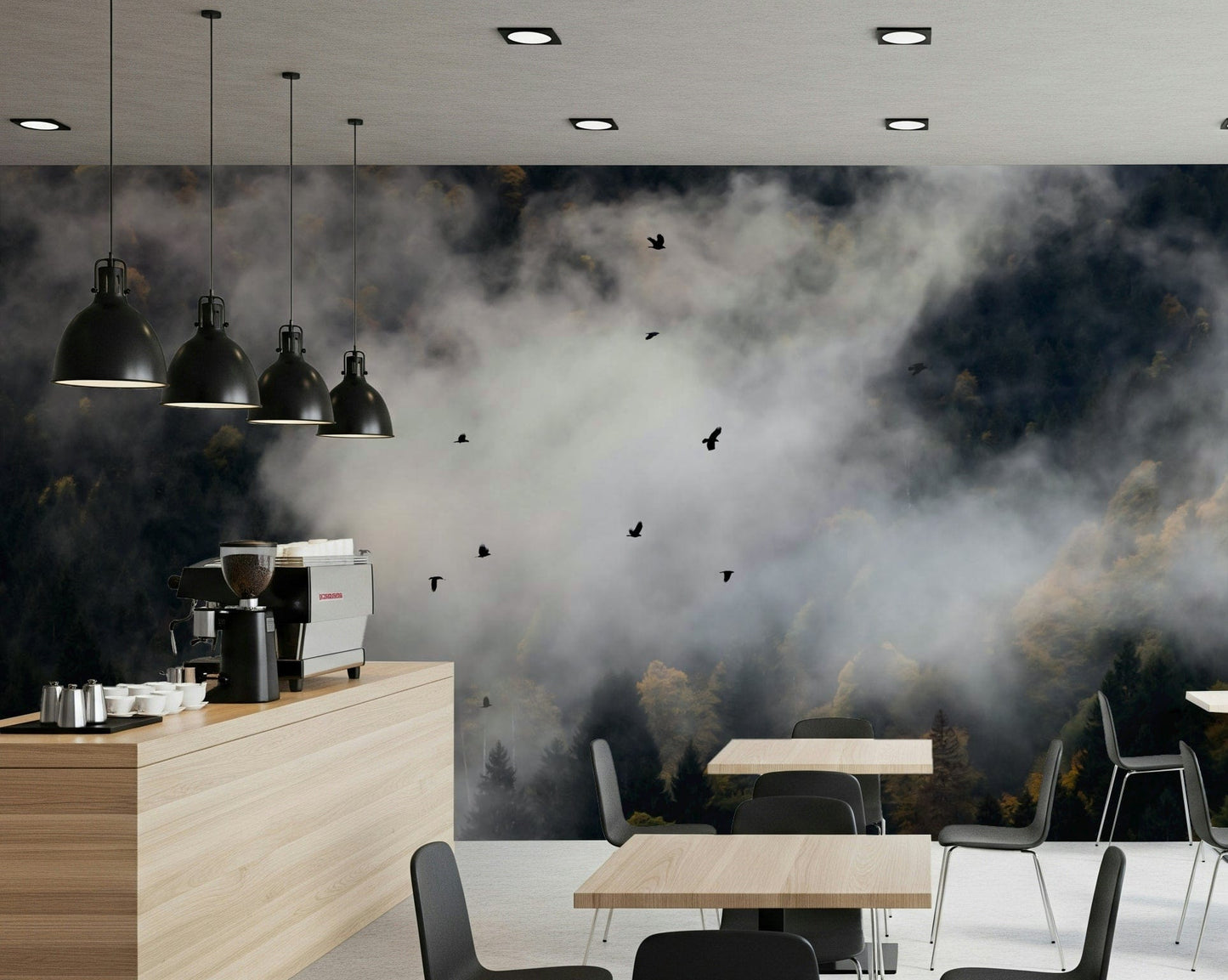 Moody, dark trees and bird silhouettes wallpaper of Woodland Flock in Fog.