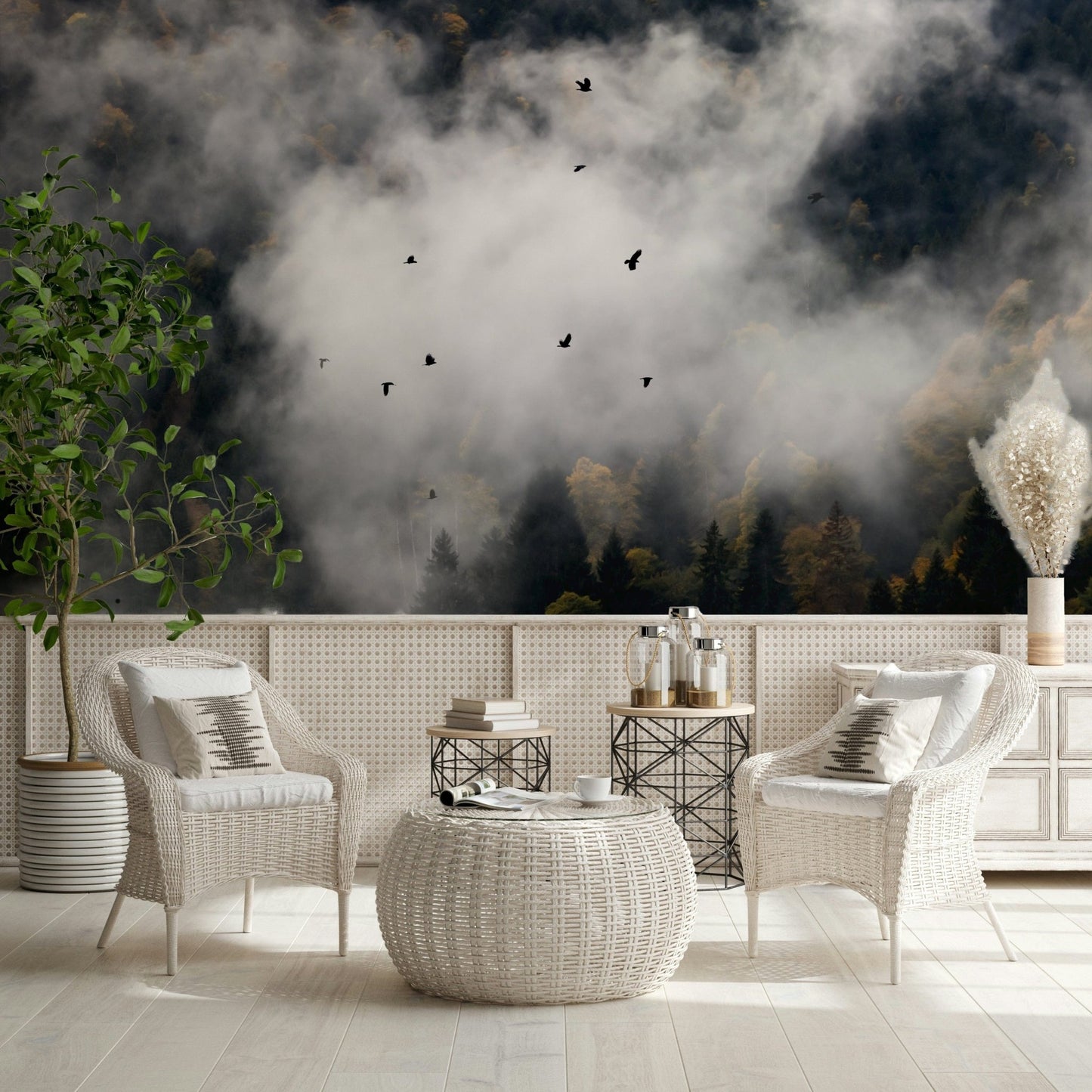 Woodland Flock in Fog forest mural, birds flying through clouds.