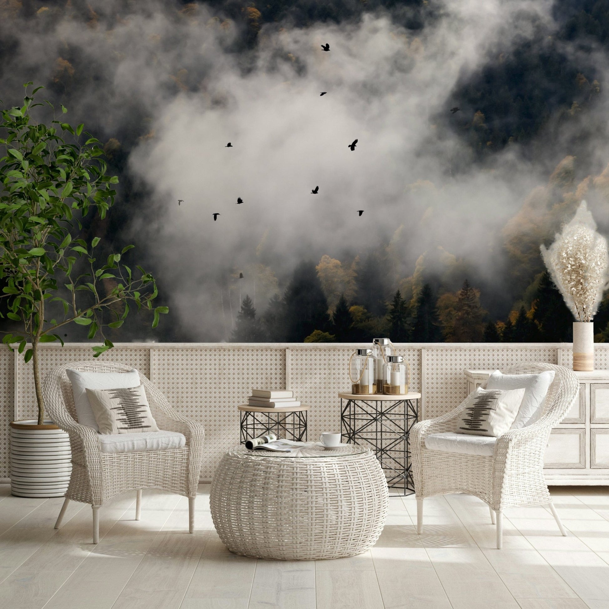 Woodland Flock in Fog forest mural, birds flying through clouds.