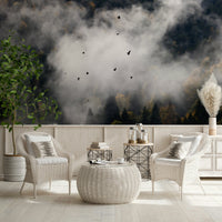 Woodland Flock in Fog forest mural, birds flying through clouds.