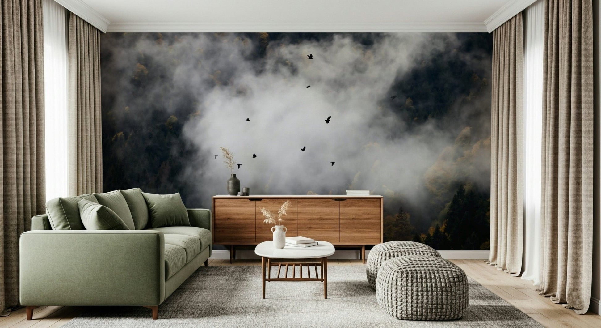 Dynamic, soaring ravens wallpaper for the striking Woodland Flock in Fog.